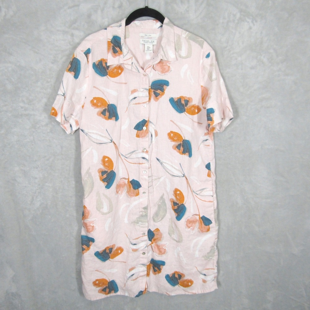 Rachel Zoe Button Front Dress Size M Womens Pink Floral 100% Linen Short Sleeve